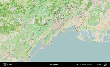 Montpellier 'de. OpenStreetMap Fransız stili haritasında Fransa 'nın idari bölgesinin ana hatları belirlendi