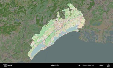 Montpellier 'de. Fransa 'nın idari alanı koyu renk bir OpenStreetMap tarzı Fransız haritasına vurgulandı ve özetlendi