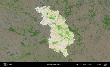 Mortagne-au-Perche. Fransa 'nın idari alanı koyu renk bir OpenStreetMap tarzı Fransız haritasına vurgulandı ve özetlendi