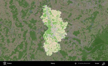 Nancy mi? Fransa 'nın idari alanı koyu renk bir OpenStreetMap tarzı Fransız haritasına vurgulandı ve özetlendi