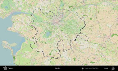 Nantes. OpenStreetMap Fransız stili haritasında Fransa 'nın idari bölgesinin ana hatları belirlendi