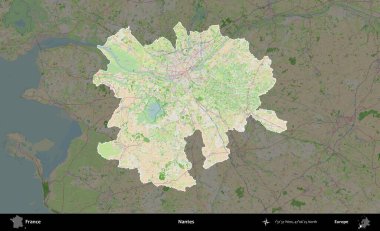 Nantes. Fransa 'nın idari alanı koyu renk bir OpenStreetMap tarzı Fransız haritasına vurgulandı ve özetlendi