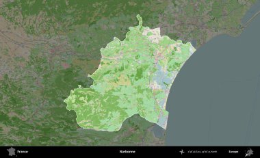 Narbonne. Fransa 'nın idari alanı koyu renk bir OpenStreetMap tarzı Fransız haritasına vurgulandı ve özetlendi