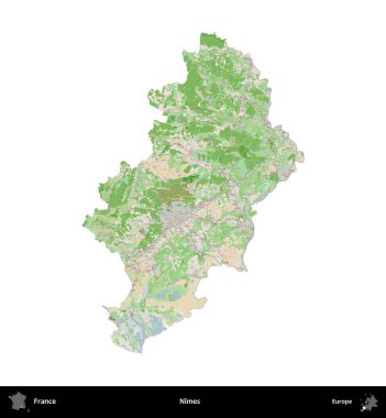 Nimes. Fransa 'nın idari bölgesi bir OpenStreetMap Fransız tarzı haritada beyazda izole edildi
