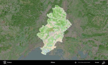 Nimes. Fransa 'nın idari alanı koyu renk bir OpenStreetMap tarzı Fransız haritasına vurgulandı ve özetlendi