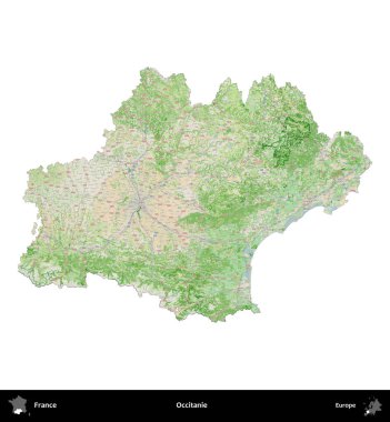 Occitanie. Fransa 'nın idari bölgesi bir OpenStreetMap Fransız tarzı haritada beyazda izole edildi
