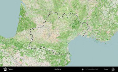 Occitanie. OpenStreetMap Fransız stili haritasında Fransa 'nın idari bölgesinin ana hatları belirlendi