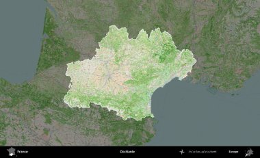Occitanie. Fransa 'nın idari alanı koyu renk bir OpenStreetMap tarzı Fransız haritasına vurgulandı ve özetlendi