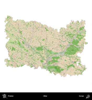 Oise. Fransa 'nın idari bölgesi bir OpenStreetMap Fransız tarzı haritada beyazda izole edildi
