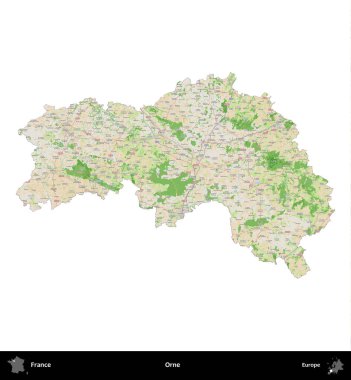Orne. Fransa 'nın idari bölgesi bir OpenStreetMap Fransız tarzı haritada beyazda izole edildi