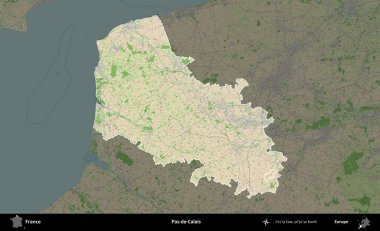 Pas-de-Calais. Fransa 'nın idari alanı koyu renk bir OpenStreetMap tarzı Fransız haritasına vurgulandı ve özetlendi