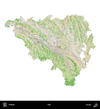 Pau. Fransa 'nın idari bölgesi bir OpenStreetMap Fransız tarzı haritada beyazda izole edildi