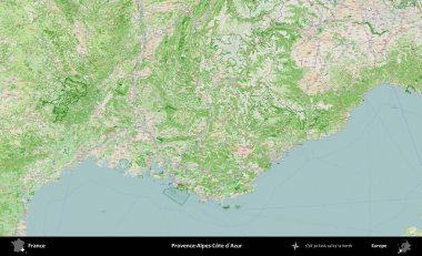 Provence-Alpes-Cote d'Azur. OpenStreetMap Fransız stili haritasında Fransa 'nın idari alanı