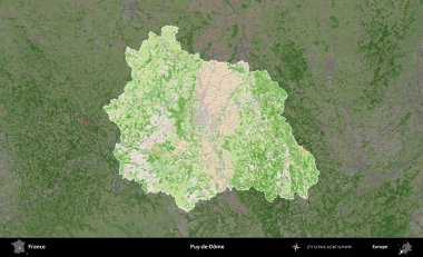 Puy-de-Dome. Fransa 'nın idari alanı koyu renk bir OpenStreetMap tarzı Fransız haritasına vurgulandı ve özetlendi