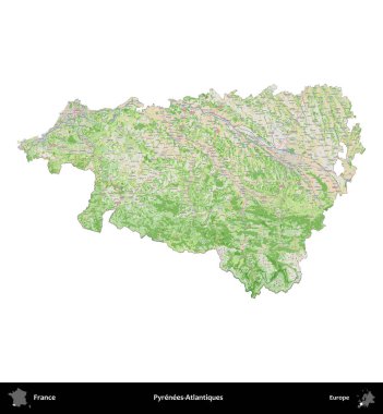 Pireneler-Atlantikler. Fransa 'nın idari bölgesi bir OpenStreetMap Fransız tarzı haritada beyazda izole edildi