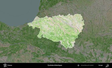 Pireneler-Atlantikler. Fransa 'nın idari alanı koyu renk bir OpenStreetMap tarzı Fransız haritasına vurgulandı ve özetlendi