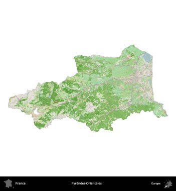 Pirenes-Orientales. Fransa 'nın idari bölgesi bir OpenStreetMap Fransız tarzı haritada beyazda izole edildi