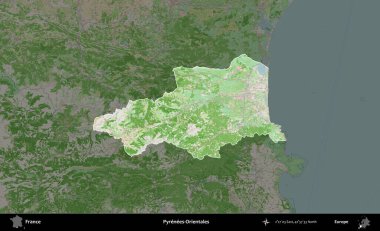 Pirenes-Orientales. Fransa 'nın idari alanı koyu renk bir OpenStreetMap tarzı Fransız haritasına vurgulandı ve özetlendi