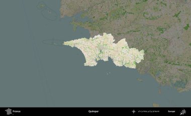 Quimper. Fransa 'nın idari alanı koyu renk bir OpenStreetMap tarzı Fransız haritasına vurgulandı ve özetlendi