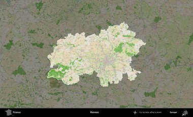 Rennes. Fransa 'nın idari alanı koyu renk bir OpenStreetMap tarzı Fransız haritasına vurgulandı ve özetlendi