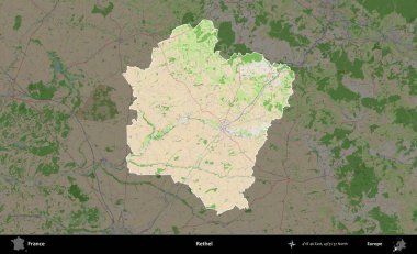 Rethel. Fransa 'nın idari alanı koyu renk bir OpenStreetMap tarzı Fransız haritasına vurgulandı ve özetlendi
