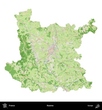 Roanne. Fransa 'nın idari bölgesi bir OpenStreetMap Fransız tarzı haritada beyazda izole edildi