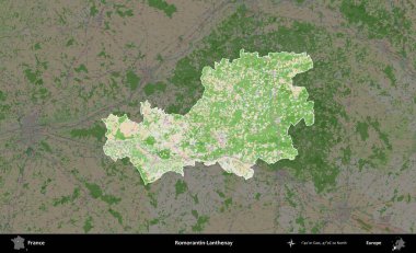 Romorantin-Lanthenay. Fransa 'nın idari alanı koyu renk bir OpenStreetMap tarzı Fransız haritasına vurgulandı ve özetlendi