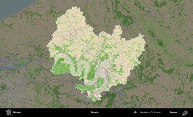 Rouen. Fransa 'nın idari alanı koyu renk bir OpenStreetMap tarzı Fransız haritasına vurgulandı ve özetlendi