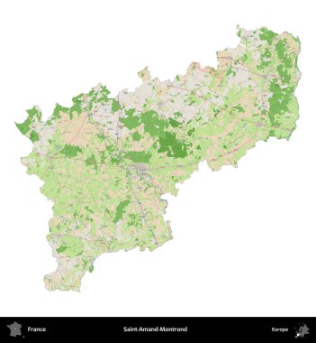 Saint-Amand-Montrond. Fransa 'nın idari bölgesi bir OpenStreetMap Fransız tarzı haritada beyazda izole edildi