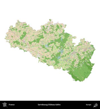 Sarrebourg-Chateau-Salins. Fransa 'nın idari bölgesi bir OpenStreetMap Fransız tarzı haritada beyazda izole edildi