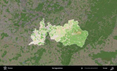 Sarregülinler. Fransa 'nın idari alanı koyu renk bir OpenStreetMap tarzı Fransız haritasına vurgulandı ve özetlendi