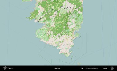 Sartene. OpenStreetMap Fransız stili haritasında Fransa 'nın idari bölgesinin ana hatları belirlendi