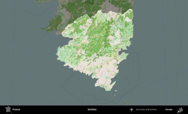 Sartene. Fransa 'nın idari alanı koyu renk bir OpenStreetMap tarzı Fransız haritasına vurgulandı ve özetlendi