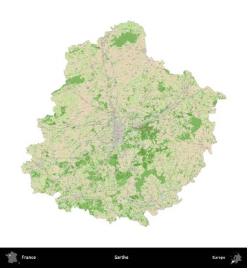 Sarthe. Fransa 'nın idari bölgesi bir OpenStreetMap Fransız tarzı haritada beyazda izole edildi