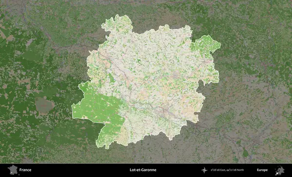 Lot-et-Garonne. Fransa 'nın idari alanı koyu renk bir OpenStreetMap tarzı Fransız haritasına vurgulandı ve özetlendi