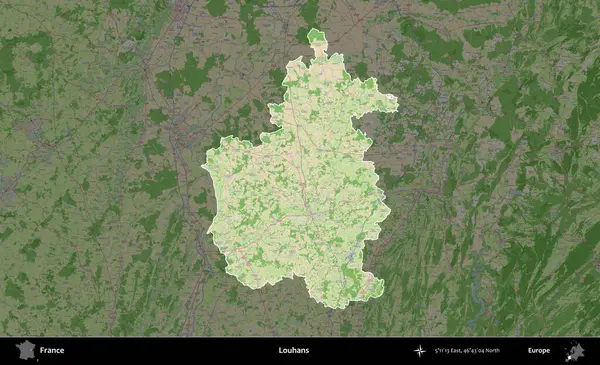 Louhan 'lar. Fransa 'nın idari alanı koyu renk bir OpenStreetMap tarzı Fransız haritasına vurgulandı ve özetlendi