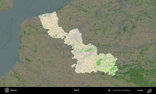 Nord. Fransa 'nın idari alanı koyu renk bir OpenStreetMap tarzı Fransız haritasına vurgulandı ve özetlendi