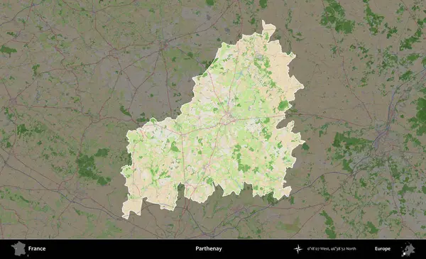 Parthenay. Fransa 'nın idari alanı koyu renk bir OpenStreetMap tarzı Fransız haritasına vurgulandı ve özetlendi