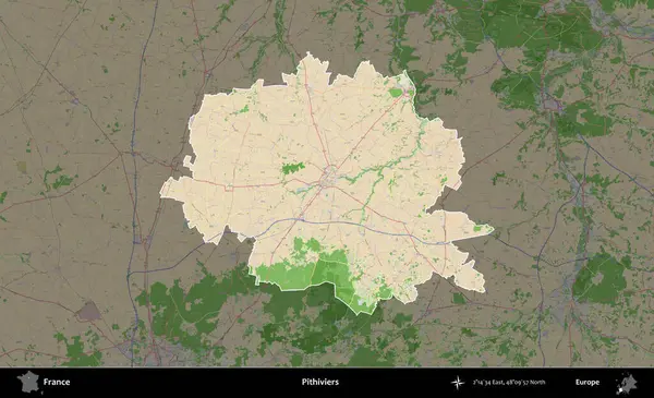 Pithivierlar. Fransa 'nın idari alanı koyu renk bir OpenStreetMap tarzı Fransız haritasına vurgulandı ve özetlendi