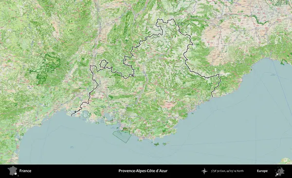 Provence-Alpes-Cote d'Azur. OpenStreetMap Fransız stili haritasında Fransa 'nın idari bölgesinin ana hatları belirlendi