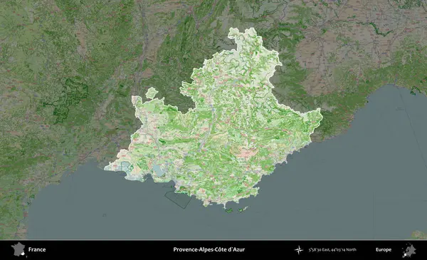 Provence-Alpes-Cote d'Azur. Fransa 'nın idari alanı koyu renk bir OpenStreetMap tarzı Fransız haritasına vurgulandı ve özetlendi