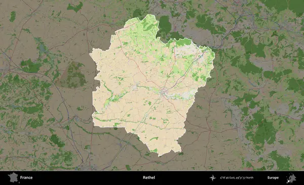Rethel. Fransa 'nın idari alanı koyu renk bir OpenStreetMap tarzı Fransız haritasına vurgulandı ve özetlendi