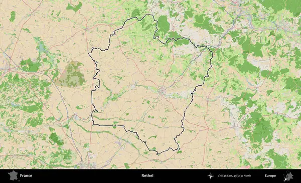 Rethel. OpenStreetMap Fransız stili haritasında Fransa 'nın idari bölgesinin ana hatları belirlendi
