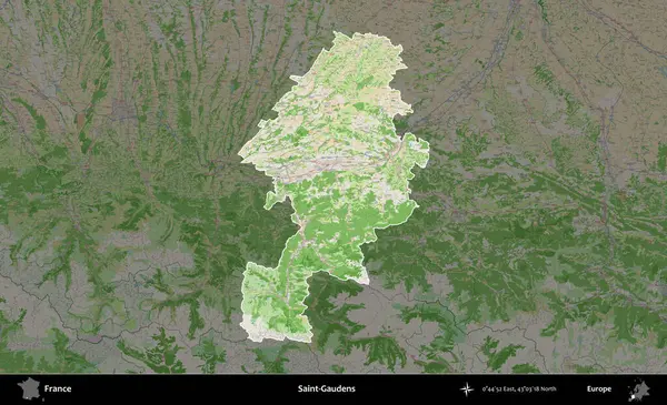 Saint-Gauden 'lar. Fransa 'nın idari alanı koyu renk bir OpenStreetMap tarzı Fransız haritasına vurgulandı ve özetlendi