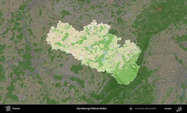 Sarrebourg-Chateau-Salins. Fransa 'nın idari alanı koyu renk bir OpenStreetMap tarzı Fransız haritasına vurgulandı ve özetlendi