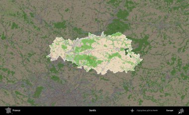 Senlis. Fransa 'nın idari alanı koyu renk bir OpenStreetMap tarzı Fransız haritasına vurgulandı ve özetlendi