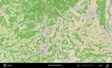 Territoire-de-Belfort. OpenStreetMap Fransız stili haritasında Fransa 'nın idari bölgesinin ana hatları belirlendi
