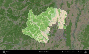 Thann-Guebwiller. Fransa 'nın idari alanı koyu renk bir OpenStreetMap tarzı Fransız haritasına vurgulandı ve özetlendi