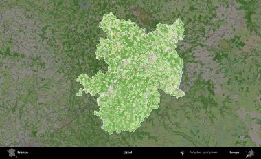 Ussel. Fransa 'nın idari alanı koyu renk bir OpenStreetMap tarzı Fransız haritasına vurgulandı ve özetlendi