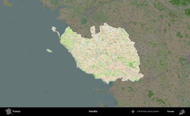 Vendee. Fransa 'nın idari alanı koyu renk bir OpenStreetMap tarzı Fransız haritasına vurgulandı ve özetlendi